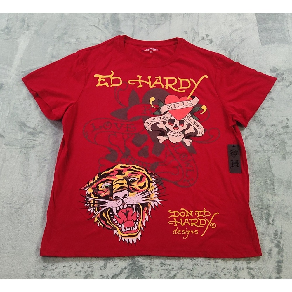 Ed Hardy Tee Shirt Men XL Red Tiger Skull EHM1100-158 Tee Graphic Shirt